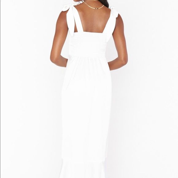 Show Me Your Mumu Garden Ruffle Midi Dress in White Ivory Luxe Satin - Picture 8 of 10